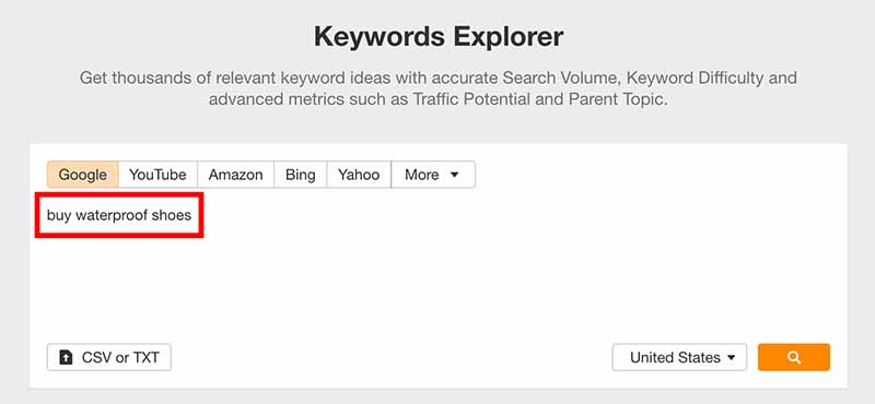 Typing buy waterproof shoes into ahrefs keyword explorer