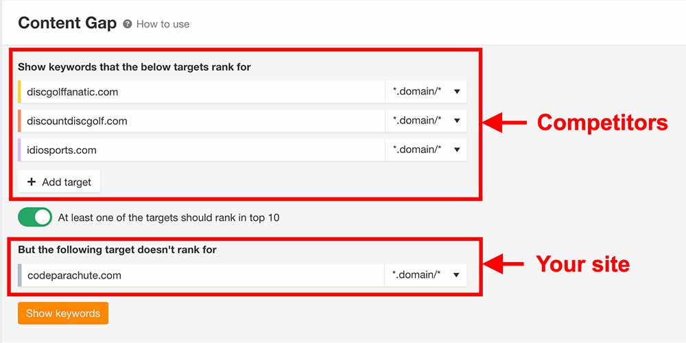 Ahrefs content gap comparing three different disc golf sites to codeparachute to find a gap in keywords.