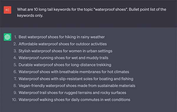 Chat gpt response on keywords for waterproof shoes.