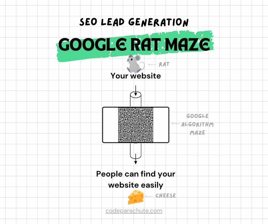 An example of Google as a maze where a website (rat) has to navigate the algorithm (maze) to get the leads (cheese).