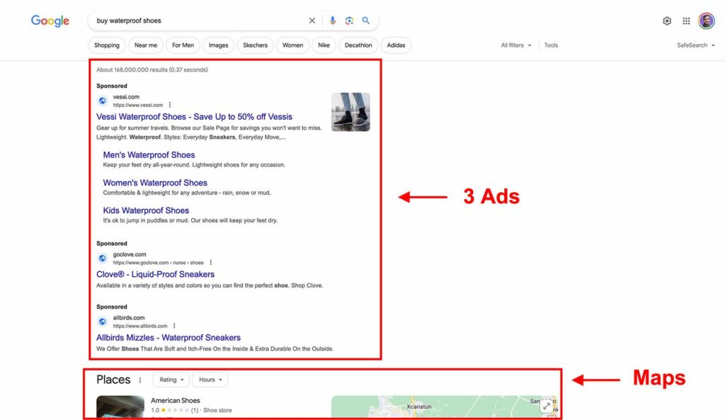 Google search results for waterproof shoes where there are 3 big advertisements and a local map pack. Making it hard to see organic search results.