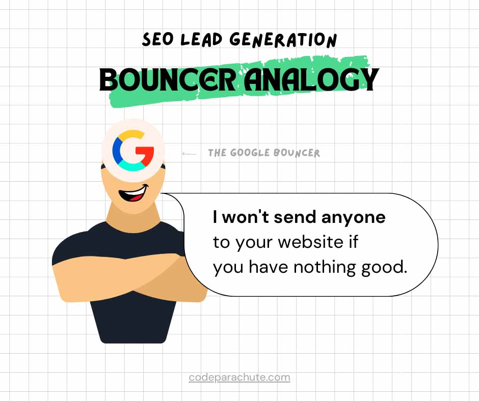 The image shows a bouncer analogy where Google (bouncer) says it won't send anyone to your website (club) if it doesn't like it.