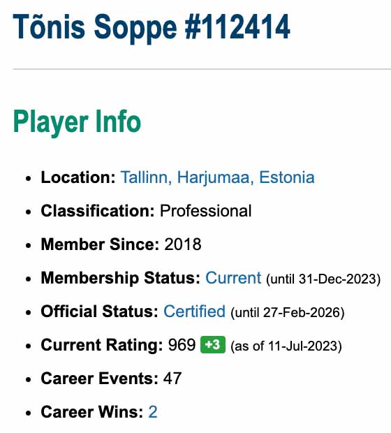 Toñis Soppes profile on PDGA. Showing the same name and location on the website. Also a link to a certification.