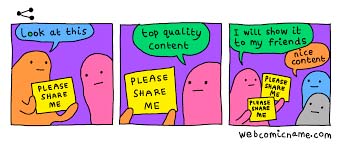 A meme comic about sharing content about how it is extremely meta once shared or forwarded multiple times.