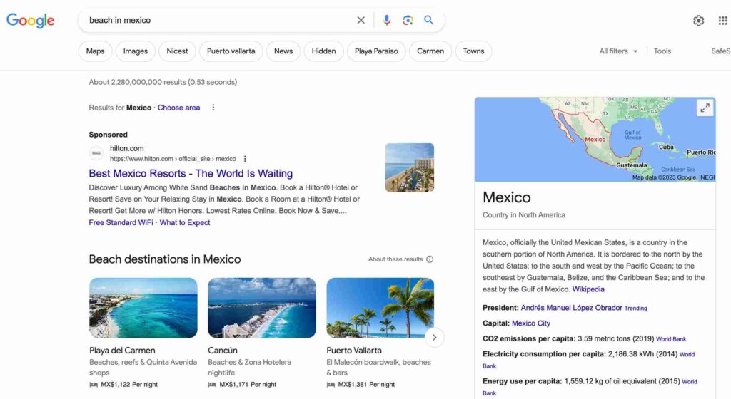 Beach in Mexico search results.